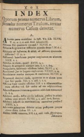 Index Quorum primus numerus Librum, secundus numerus Titulum, tertius numerus Casum denotat.