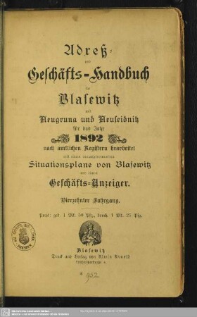14.1892: Adreß- und Geschäfts-Handbuch für Blasewitz mit Neugruna und Neuseidnitz