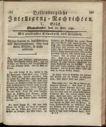 L. Stück. Sonnabends: den 10. Dec. 1791.