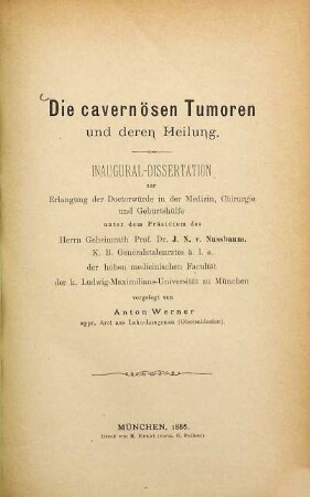 Die cavernösen Tumoren und deren Heilung : Inaug.-Diss.