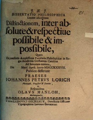 Diss. philos. leviter adumbrans distinctionem inter absolute et respective possibile et impossibile