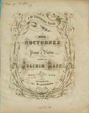 Deux nocturnes : pour piano et violon ; op. 58, 2. Pl.Nr. H.M.1021. - 15 S. + 1 St.