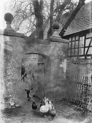 Bauernmädchen mit Enten- und Gänseschar in einem Hoftor in Frohburg