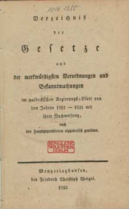 1/21.1811/31: Verzeichnis der Gesetze und der merkwürdigsten Verordnungen und Bekanntmachungen im waldeckischen Regierungs-Blatt