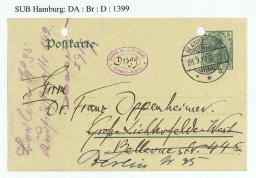 Postkarte an Franz Oppenheimer