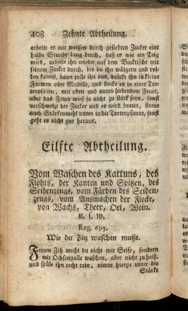Eilfte Abtheilung. Vom Waschen des Kattuns, des Flohrs, der Kanten und Spitzen, den Seidenzeugs, vom Färben des Seidenzeugs [...]