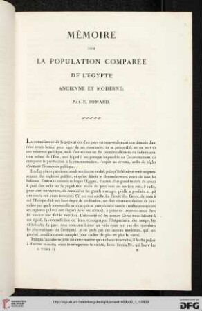Mémoire sur la population comparée de l’Égypte Ancienne et Moderne