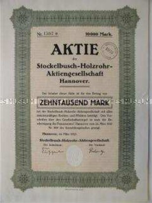 Aktie der Stockelbusch-Holzrohr-AG Hannover über 10.000 Mark