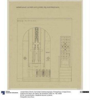 Darmstadt, Dreihäusergruppe, Predigerhaus, Erdgeschoss, Amtszimmer, Raum 28, Aufriss der Nordwand