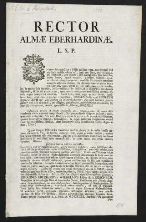 Rector almae Eberhardinae l. s. p. : [Programma funeris Joannis Eberhardi Wilhelmi Liber Baro à Reischach die 21. Julii 1749]