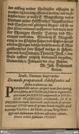 Doct Thomas Sagittarius De modo praeparandi Adolescentes ad studia Academica p. 128.