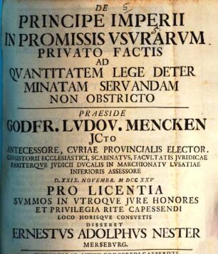 De Principe Imperii In Promissis Vsvrarvm Privato Factis Ad Qvantitatem Lege Determinatam Servandam Non Obstricto