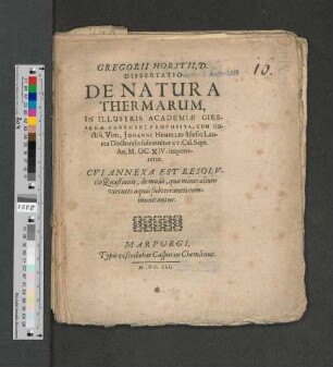 [1]: Dissertatio de natura thermarum, in illustris Academiae Giessenae panegyri proposita, ...