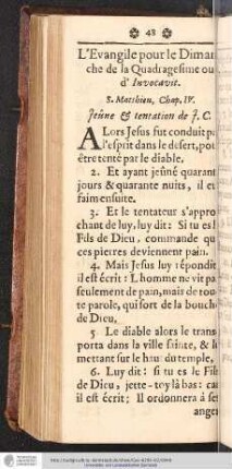 L'Evangile pour le Dimanche de la Quadragesime ou d' Invocavit