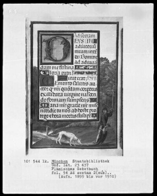 Flämisches Gebetbuch mit Kalender — Jäger mit totem Vogel, Folio 94recto