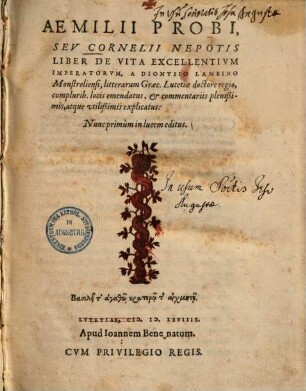 Aemilii Probi, Sev Cornelii Nepotis Liber De Vita Excellentivm Imperatorvm
