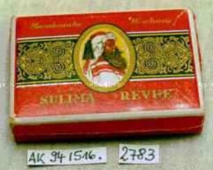 Pappschachtel für 10 Stück Zigaretten "SULIMA REVUE" (Abbildung: Kopf eines vollbärtigen rauchenden Orientalen)