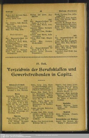 IV. Teil. Berufsklassen und Gewerbebetriebe : IV. Teil. Verzeichnis der Berufsklassen und Gewerbetreibenden in Copitz