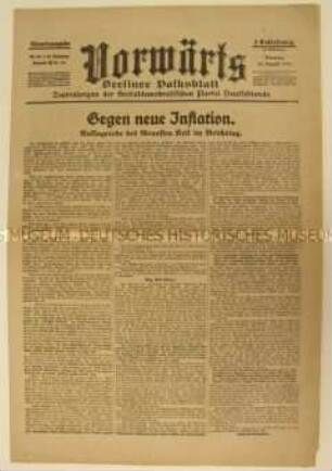 Zentralorgan der SPD "Vorwärts" u.a. über die Reichstagsdebatte zur Finanzpolitik