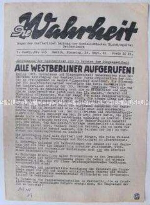 Hektografiertes Mitteilungsblatt der SED Westberlin (SEW) zur Aktivtagung über die aktuelle Lage in der Stadt 6 Wochen nach dem "Mauerbau"