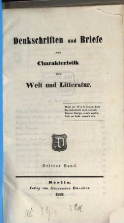 Denkschriften und Briefe zur Charakteristik der Welt und Litteratur. 3