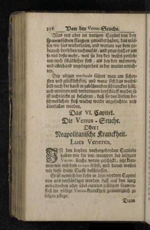 Das VI. Capitel. Die Venus-Seuche. Oder: Neapolitanische Kranckheit. Lues Venera.
