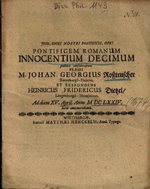 Pontificem Romanum Innocentium Decimum