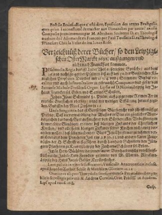 Verzeichnüß derer Bücher/ so den Leipzigischen OsterMarckt 1632. außgangen und nicht nach Franckfurt kommen.