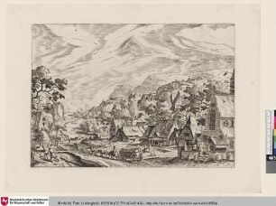 [Flusslandschaft mit Gebirge, Dorf mit Kirche und Windmühle; Village on a river, in the foreground a wagon with three horses]