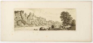 Die Basteifelsen bei Rathen in der Sächsischen Schweiz von Südwesten über die Elbe, aus Ludwig Richters Sieben Blätter mit XIX Ansichten der Sächsischen Schweiz