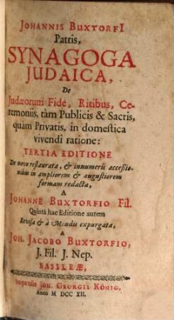 Johannis Buxtorfi Patris, Synagoga Iudaica : De Iudaeorum Fide, Ritibus, Ceremoniis, tam Publicis & Sacris, quam Privatis, in domestica vivendi ratione