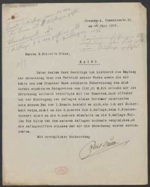 Brief an B. Schott's Söhne : 10.07.1915