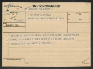 Brief von Fritz Brehmer an Gerhart Hauptmann