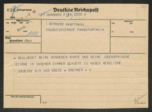 Brief von Fritz Brehmer an Gerhart Hauptmann