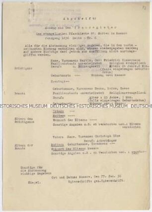 Auszug aus dem Trauregister der St. Marienkirche von Massow in Pommern (Abschrift)
