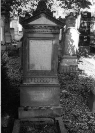 Grabstein 35 (Index: 100086668) Material: Sandstein mit zwei weißen Marmorplatten Zustand: leicht verwittert Maße HxBxT: 190x64x29 cm Beschreibung: Stele, getreppter Sockel, Giebel mit Akroteren, Schriftfeld rechteckig, Schrifttafel im Giebel dreieckig Symbolik: Zahnfries, Blätterfries, vier Sterne im Sockel, Palmetten als Mittelakroter: Grabstein 35