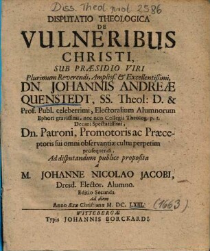 Disputatio Theologica De Vulneribus Christi