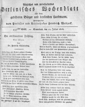 497stes Stück, Sonnabend den 11. Julius 1818