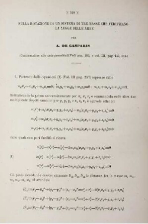 Sulla rotazione di un sistema di tre masse che verificano la legge delle aree (Continuazione alle note precedenti. Vedi pag. 202, e vol. III, pag. 257, 344.).