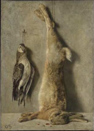 Stillleben mit totem Hasen und Perlhuhn vor grauer Mauer