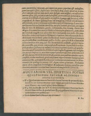 Auctarium Vel Progeuma Potius Quaestionum Futurae Alterius Disputationis.