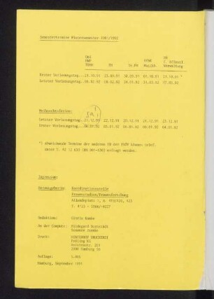 Semestertermine Wintersemester 1991/1992
