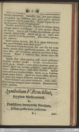 Symbolum V. Reuchlini, Scyphus Medicamenti. In Praesidium interpretis Fontium, Justum posteritatis judicium