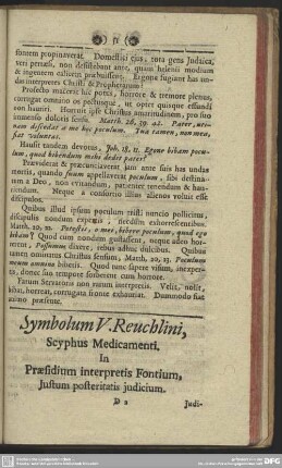 Symbolum V. Reuchlini, Scyphus Medicamenti. In Praesidium interpretis Fontium, Justum posteritatis judicium