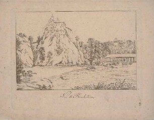 Die Burg Kriebstein in Sachsen über der Zschopau mit der hölzernen Brücke von Südwesten