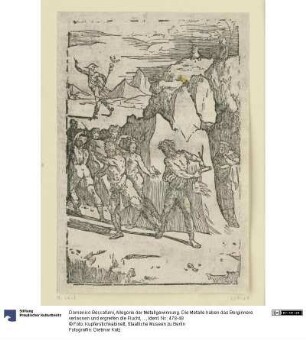 Allegorie der Metallgewinnung. Die Metalle haben das Berginnere verlassen und ergreifen die Flucht, als Vulkan (Hephaistos) sie auffordert, ihm in die Schmiede zu folgen. Aus der Folge "De re metallica".