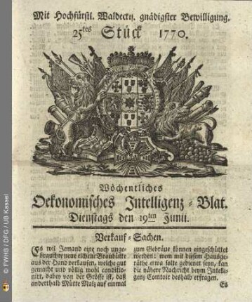 25tes Stueck, Dienstags den 19ten Junii 1770