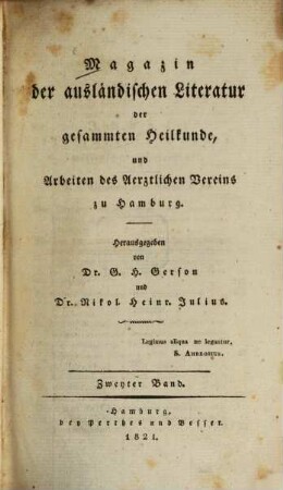 Magazin der ausländischen Literatur der gesammten Heilkunde und Arbeiten des Ärztlichen Vereins zu Hamburg. 2. 1821