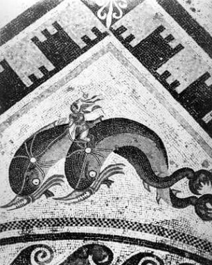 Hermes reitet auf Delphinen : Hermes reitet auf Delphinen. Mosaikbild (300ante/0; Asklepiades)