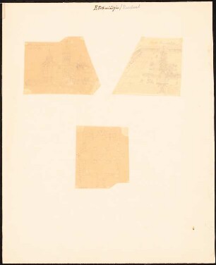Kloster Etschmiadzin in Armenien: Drei Blätter mit Durchzeichnungen: Perspektivische Ansicht, Vogelschau der Anlage und des Klostergebäudes, Grundriss, Maßstabsleiste, nach Chardin II (Jean Chardin: Voyages du Chevalier Chardin?)